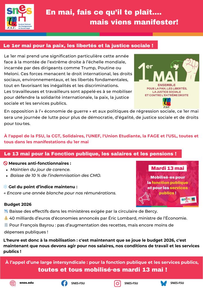 Tract SNES-FSU intitulé "En mai, fais ce qu'il te plaît...mais viens manifester!"