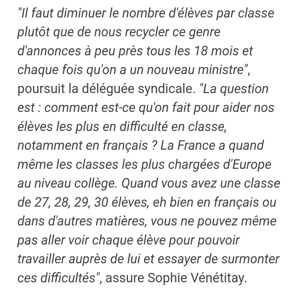 Extrait de l'article de France info du 28 mars 2025
Réforme de la formation des enseignants : "Un pari hasardeux et une forme d'abaissement du niveau", critique le Snes-FSU.