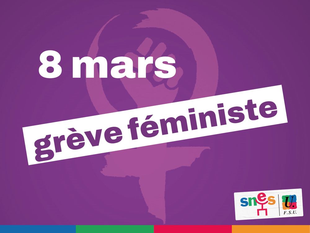 Visuel SNES-FSU. Sur fond violet, en blanc : "8 mars grève féministe"
