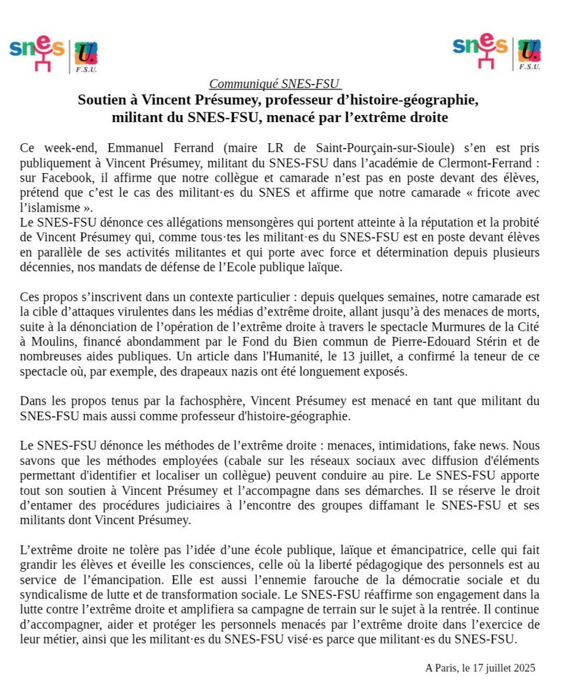 Communiqué de soutien à Vincent Présumey