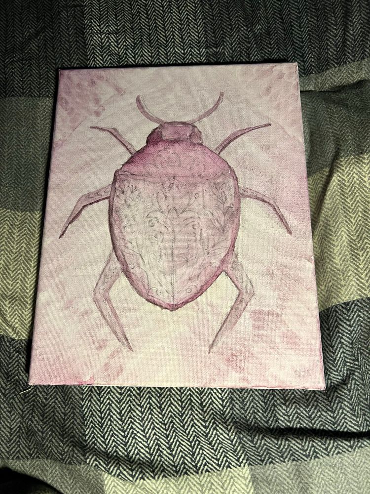 A sketched beetle on canvas with a plum watercolor wash that is splotchy and weird after trying to add a vignette. 