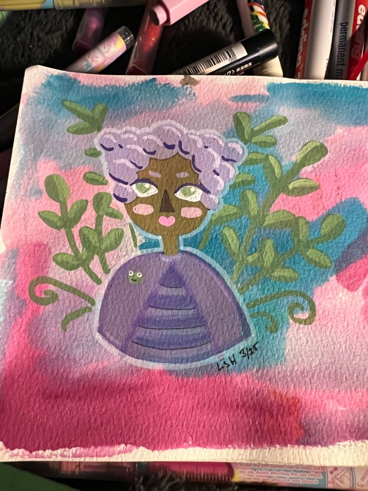 Drawing of a purple haired woman wearing a purple cardigan and frog pin. She’s on a pink and teal background with leaves sprouting up behind her. 