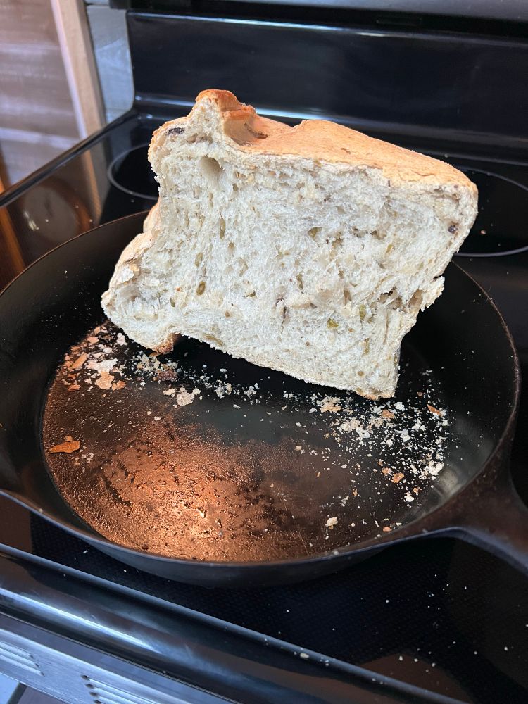 Bisection of an olive loaf I made in my bread machine and finished baking in the oven in a cast iron pan. It was so crusty and good. This is my favorite loaf so far. 