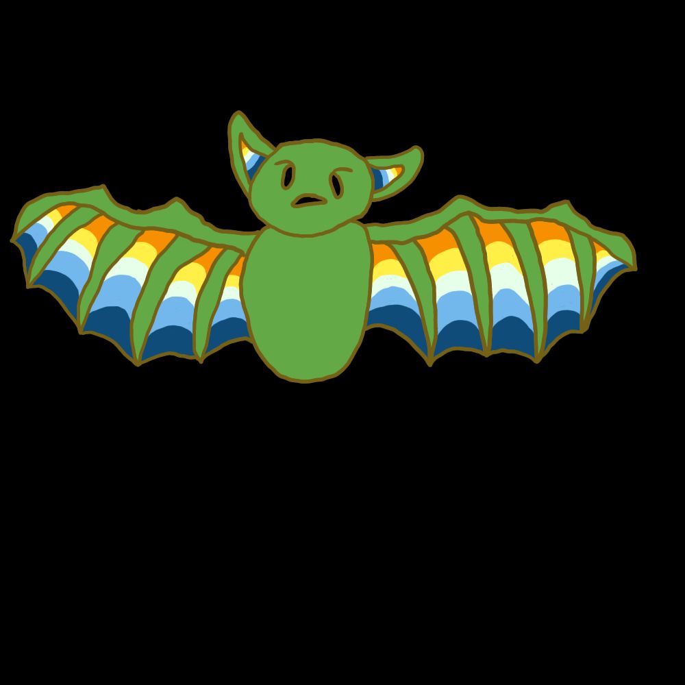 An aroace themed bat, the body is green while inside the ears and the wing skin is the aroace flag.