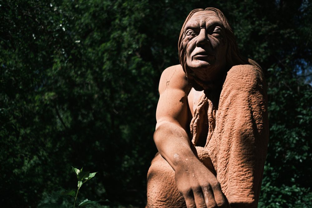 A photograph of a weathered sandstone statue depicting Chief Niwot, set against a backdrop of dense, shadowed forest foliage along Boulder Creek. The statue is bathed in high-contrast sunlight, highlighting the deep grooves of its carved features, muscular arms, and draped garment. Cracks in the arm and surface erosion on the robe hint at years of exposure to the elements. Behind the figure, the out-of-focus greenery creates a tunnel of leaves and branches, drawing visual attention to the statue’s stern, contemplative expression as it leans slightly forward, hand extended toward the viewer.