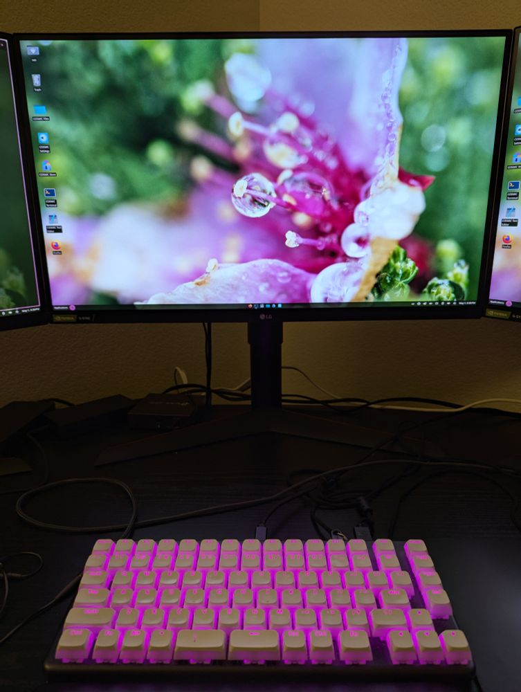 A picture of my desktop with my monitor at the top and my keyboard at the bottom. The monitor is showing the COSMIC desktop environment with a colorful background. The keyboard has LEDs that are matched to an accent color extracted from that background, in this case, pink.