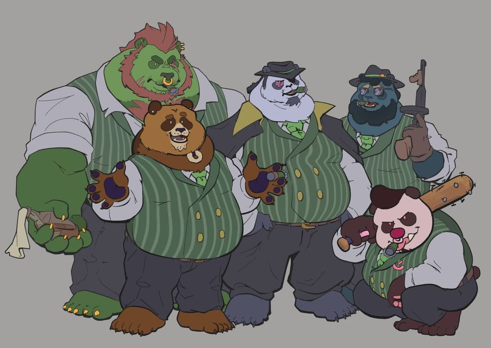 The Bamboo Bruisers members: Pan-phon, Scrunky, Clove, Lemon and Omni are posing together.
