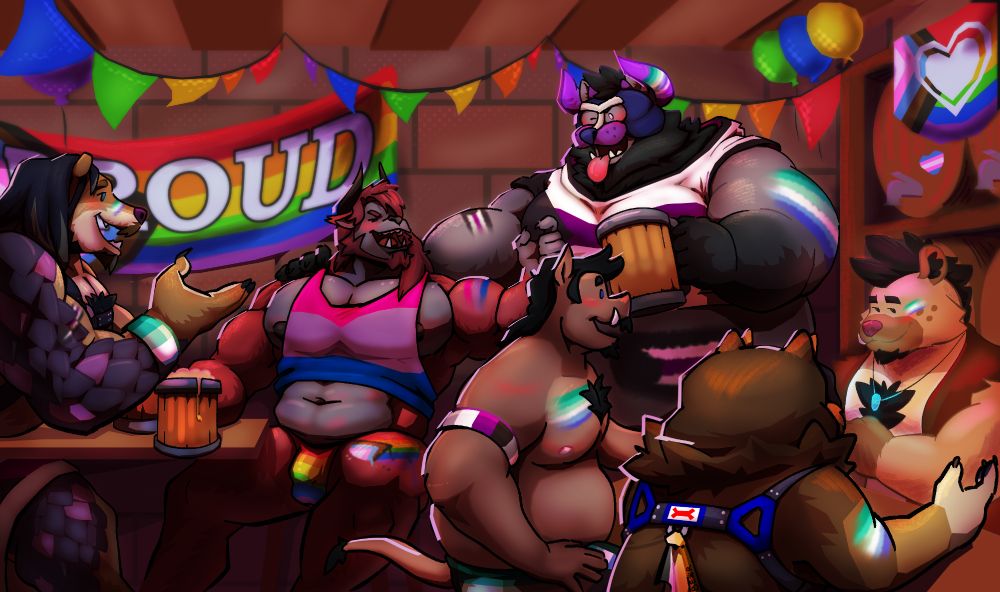 Yeko, Ronan, Hoodie, RoBo and Lemon are having fun at Skrap's Bar.
