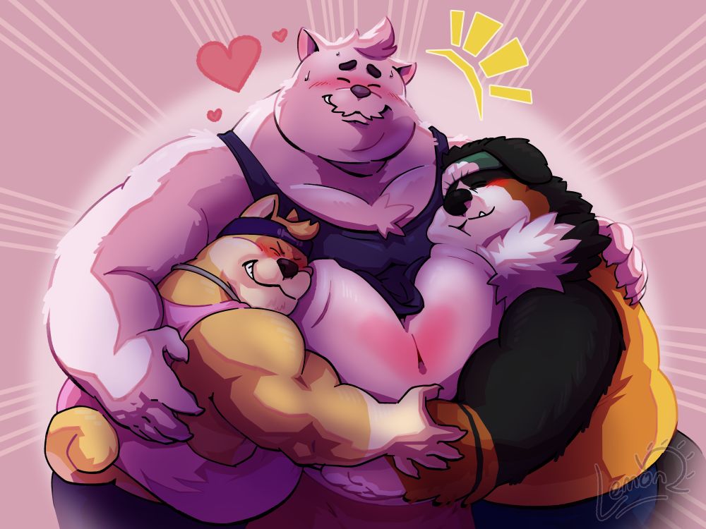 Two beefy dogs hug an even bigger dog between them.