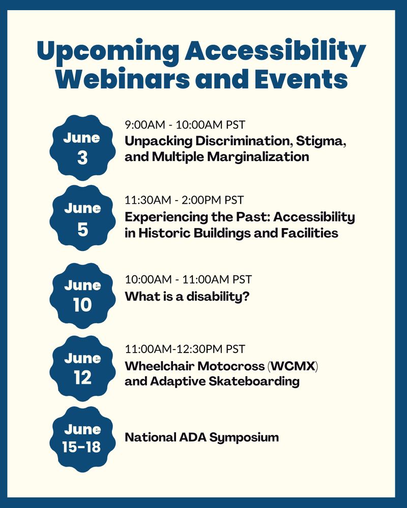 Upcoming Accessibility Webinars and Events
Unpacking Discrimination, Stigma, and Multiple Marginalization 9:00AM - 10:00AM PST Wheelchair Motocross (WCMX) and Adaptive Skateboarding 11:00AM-12:30PM PST What is a disability? 10:00AM - 11:00AM PST Experiencing the Past: Accessibility in Historic Buildings and Facilities 11:30AM - 2:00PM PST National ADA Symposium