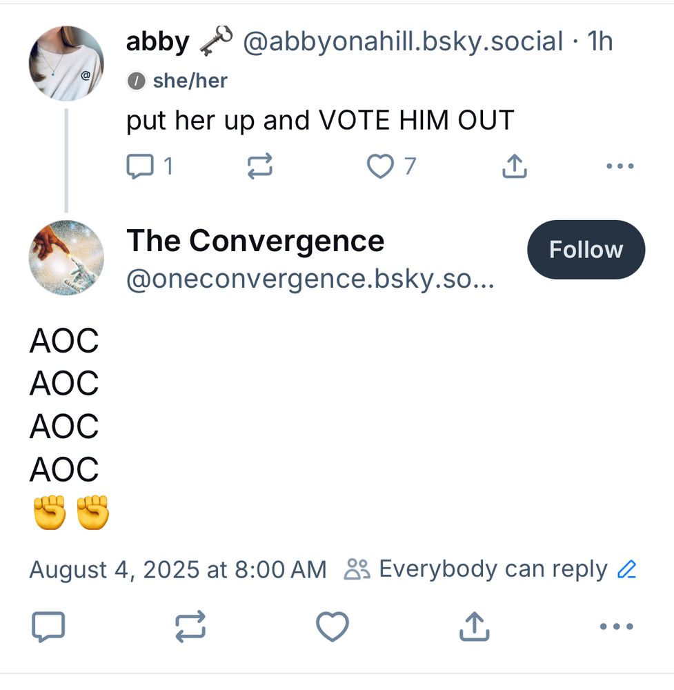 abby post: put her up and vote him out
reply AOC 4 times and 2 fist emojis
