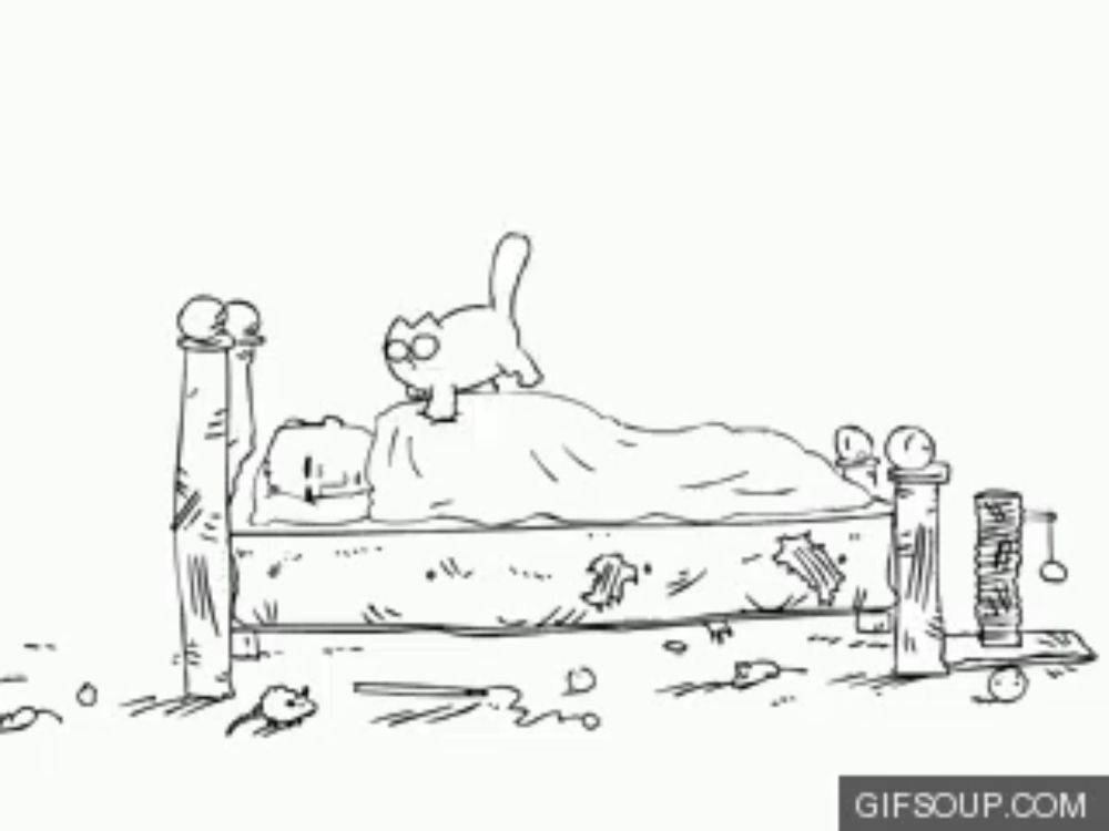 a black and white drawing of a cat laying on top of a bed .