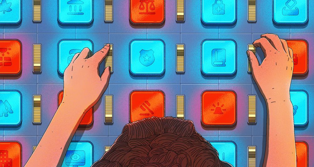 An illustration of a person voting on issues using a fictional voting device 