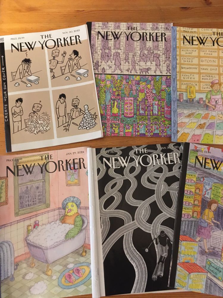 Photo of 6 The New Yorker covers. One shows Christoph Niemann's 4-panel comic on AI, one shows a skier on black background. There's a colorful one with tiny details from Steed, and 3 ones from Roz Chast: one for ice-creams with different nonsense flavors, a supermarket of dreads, and one of a happy bathing bird