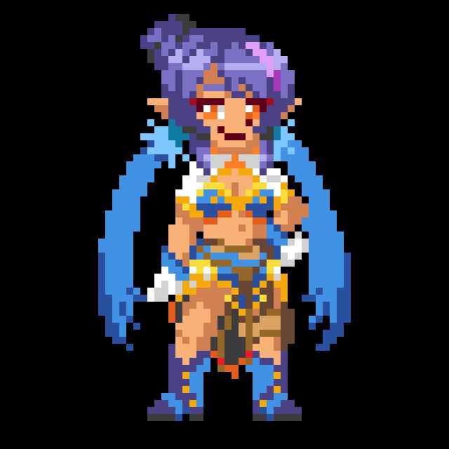 Pixel art of Judith from Tales of Vesperia. She is standing in a neutral pose with a wide stance, with her left arm resting on her waist.