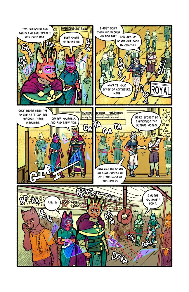 Vortexz Star 2025 A comic book page from "Edrih". The left side of the page follows a wizard and a princess escaping pursuers while on the opposite side two cat guys discuss inadvertantly follow while discussing their plans for the night.