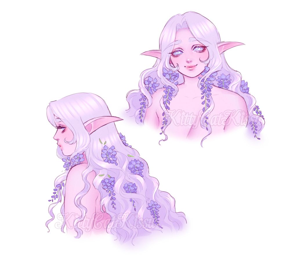 Two colored sketches of a pale pink female night elf, one faces the viewer and the other is a side profile. Woven into her lavender white hair are wisteria blossoms.