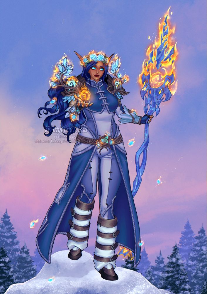 Mellestra Starblossom standing on a snowy hill of the Azure Span. Frostfire adorns the flowers on her armor.