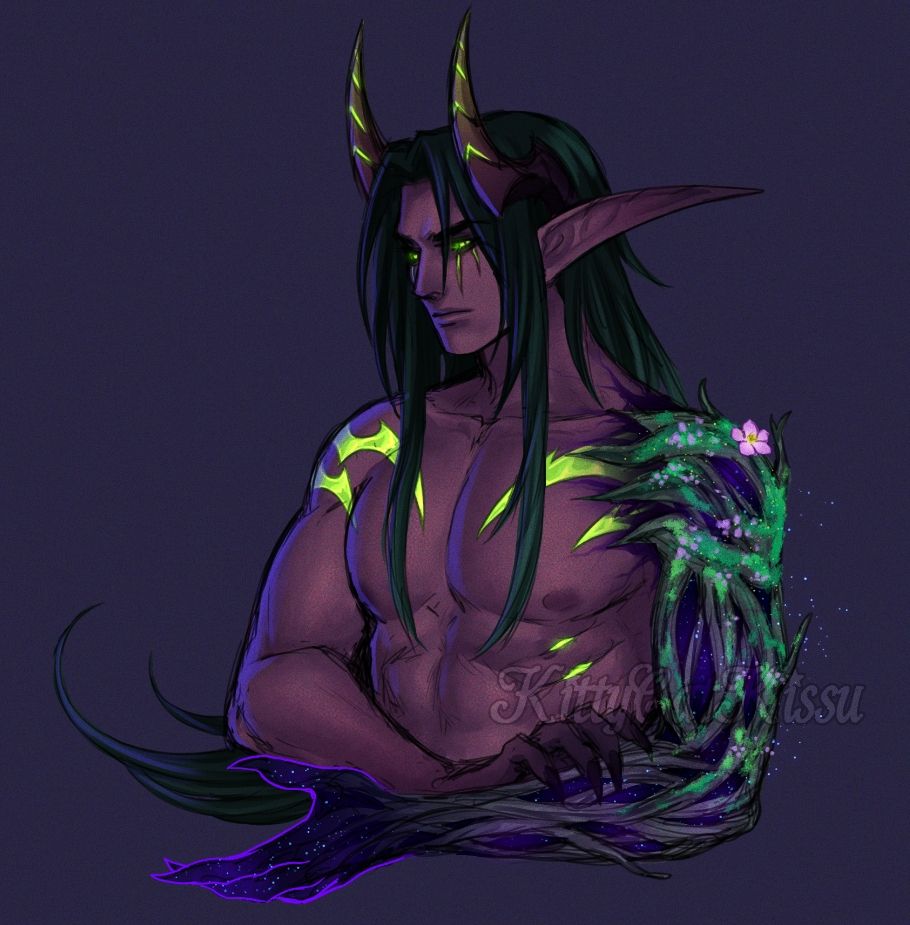 Valdrien Nightbreeze, a demon hunter with his left arm corrupted by void. Druidic healing magic of vines, moss and flowers cover his arm.