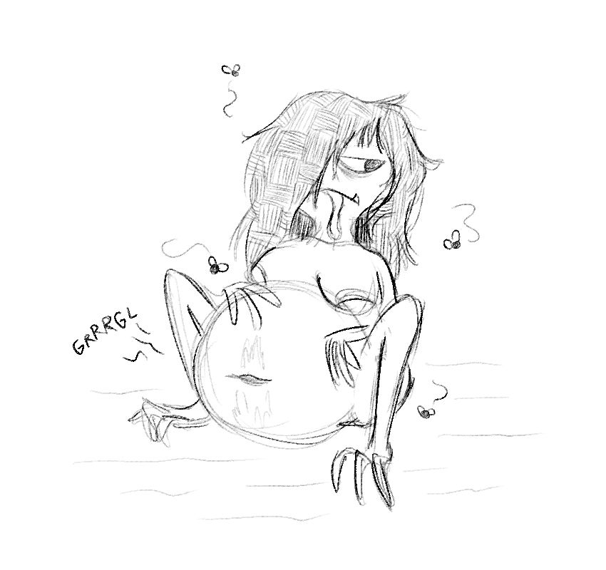 grumpy-looking frog girl with a big gut and a mop of messy dark hair