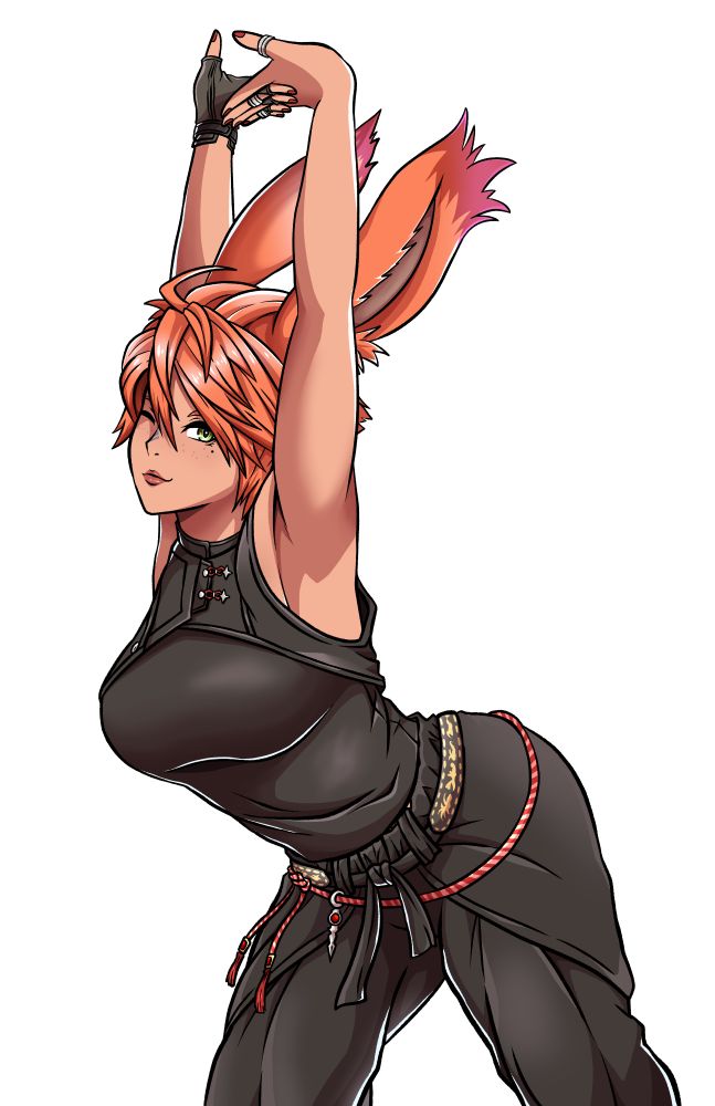 Redheaded, tanned Viera (Bungirl from FF14) doing Cammy 's stretch post from SF6. Wearing the Martial Artist's Sleeveless Vest, and Slops also from FF14.