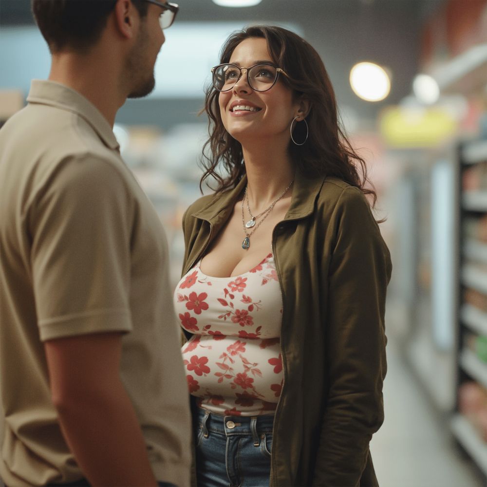 A mature woman with four large breasts is talking to a handsome retail employee.
