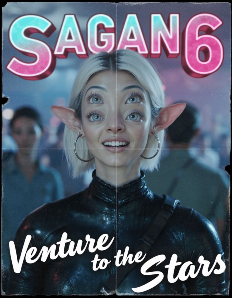 A poster with an advertisement for SAGAN-6, the interstellar cruise ship. The main focus is an alien woman with 4 eyes.