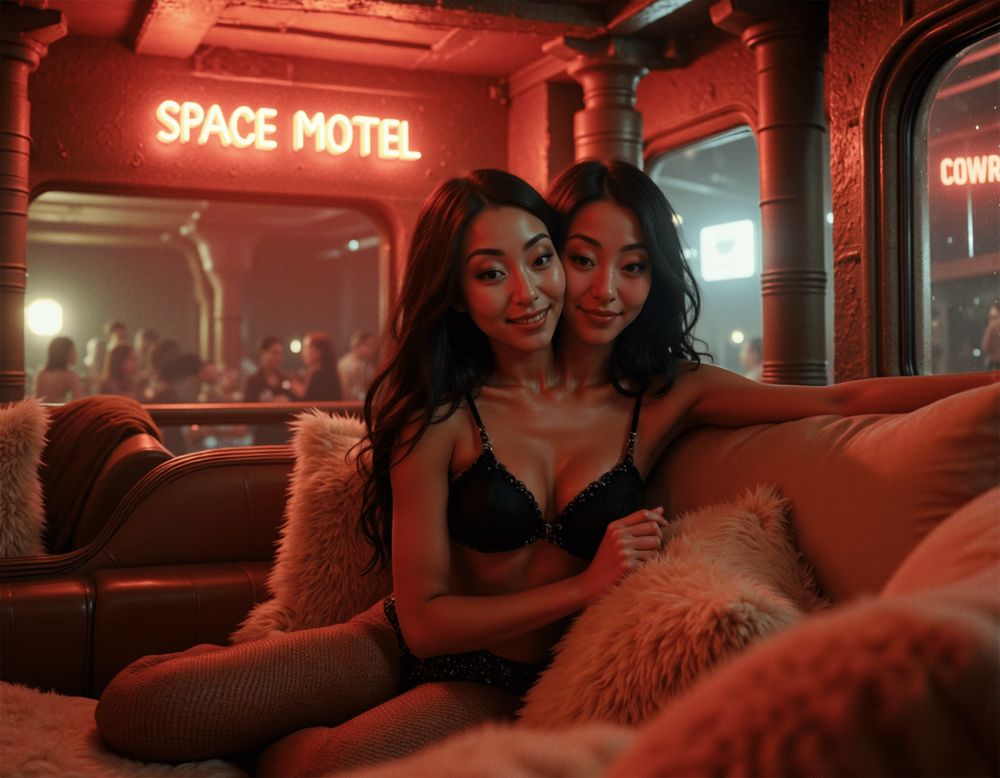 Aboard the SAGAN-6, Mia & Nia—a pair of conjoined twins are sitting seductively on a sofa, behind them a red neon sign glows with the words "Space Motel"