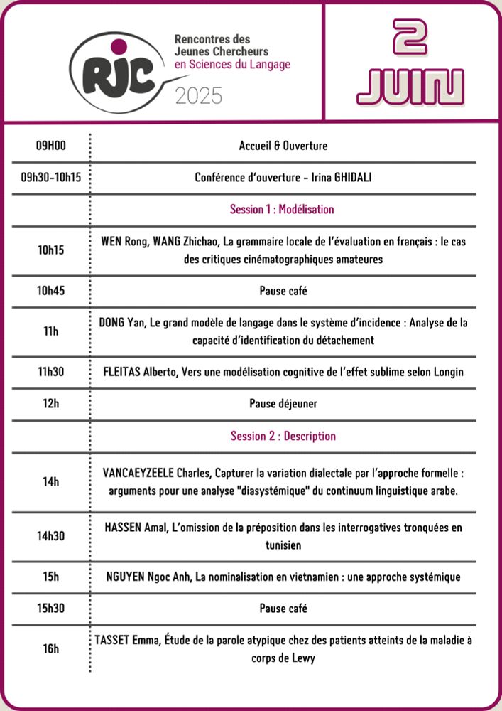 Logo des RJC
2 juin
9 heures Accueil et Ouverture
9 heures 30 jusqu'à 10 heures 15 : Conférence d'ouverture d'Irina Ghidali
Sesion 1 : Modélisation 
10 heures 15: Wen Rong, Wang Zhichao : La grammaire locale de l'évaluation en français : le cas des critiques cinématographiques amateures
10 heures 45 : pause café 
11 heures : Dong Yan: le grand modèle de langage dans le système d'incidence : Analyse de la capacité d'identification du détachement 
11 heures 30: Fleitas Alberto : Vers une modélisation cognitive de l'effet sublime selon Longin
12 heures : Pause déjeuner 
Session 2 : description 
14 heures : Vancaeyzeele Charles: Capturer la variation dialectale par l'approche formelle : arguments pour une analyse "diasystémique" du continuum linguistique arabe
14 heures 30 : Hassen Amal : l'omission de la préposition dans les interrogatives tronquées en tunisien 
15 heures: Nguyen Ngoc Anh : la nominalisation en vietnamien : une approche systémique 
15 heures 30 : Pause café 
16 heures : Tasset Emma : Etude de la parole atypique chez des patients atteints de la maladie à corps de Lewy 