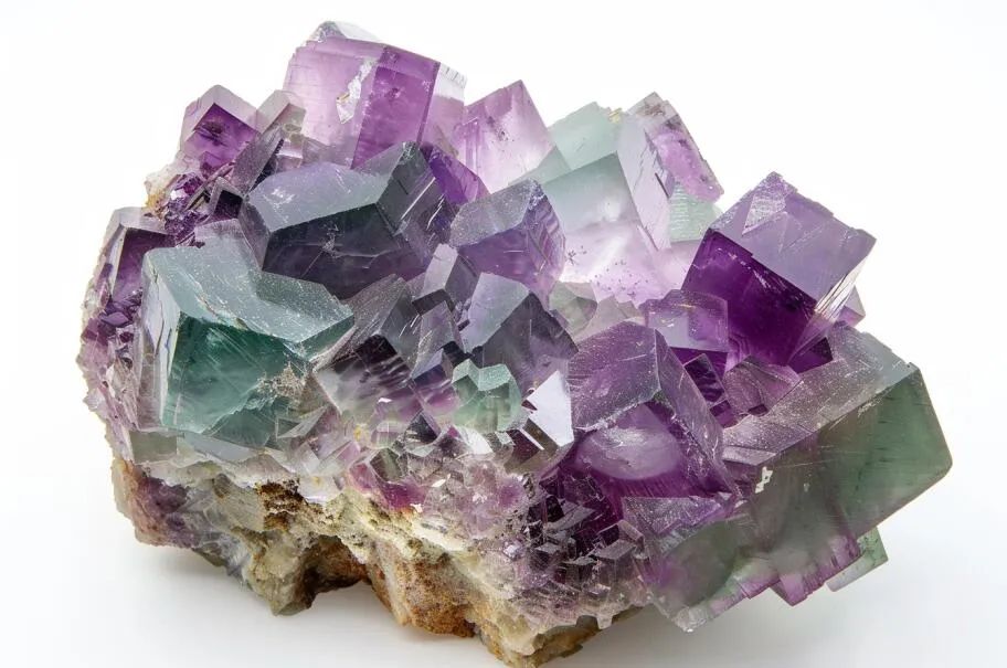 A striking cluster of fluorite crystals exhibiting vibrant bands of purple, green, and translucent hues. The cubic crystals are sharply defined, stacked in stepped formations with smooth, reflective faces. The piece rests on a rough, earthy matrix that contrasts with the luminous, glass-like clarity of the fluorite.