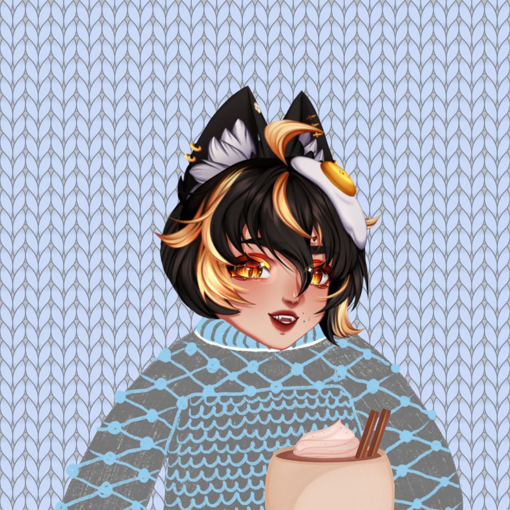 Caitie Sith in a knitted jumper on a knitted patterned background holding a hot coco with whipped cream.