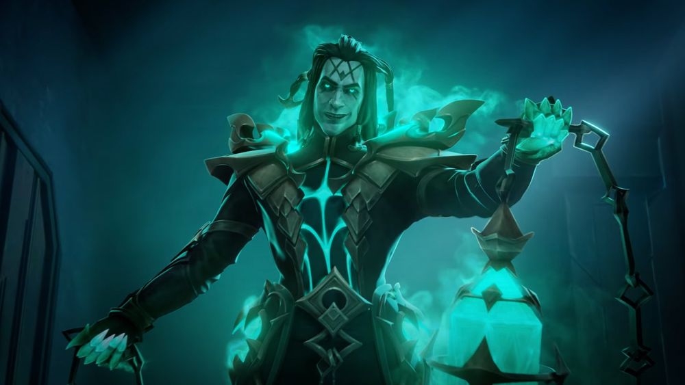 Thresh unbound from league. A fantasy character with glowing green accents stands in a dark setting, wearing ornate dark armour highlighted by bright green patterns. Their face is obscured. The character holds a large lantern emitting green light, with similar energy swirling around their wispy hair and spiked armoured shoulders. The mood is mysterious and supernatural.