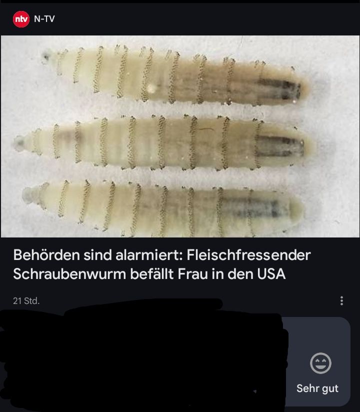 Bild von Schraubenwürmern und der Schlagzeile, dass eine Frau in den USA davon befsllen wurde. Darunter ein lachender Smiley mit "sehr gut" der einer Umfrage, wie man diesen Beitrag fand, entstammt, die anderen Smileys sind wegretuschiert.
