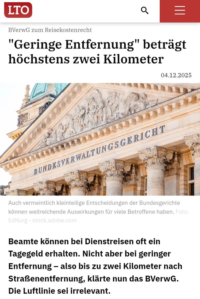 Zeitungsartikel mit Gerichtsurteil, dass Beamte ab 2km Straßenstrecke Anspruch auf Tagegeld haben.