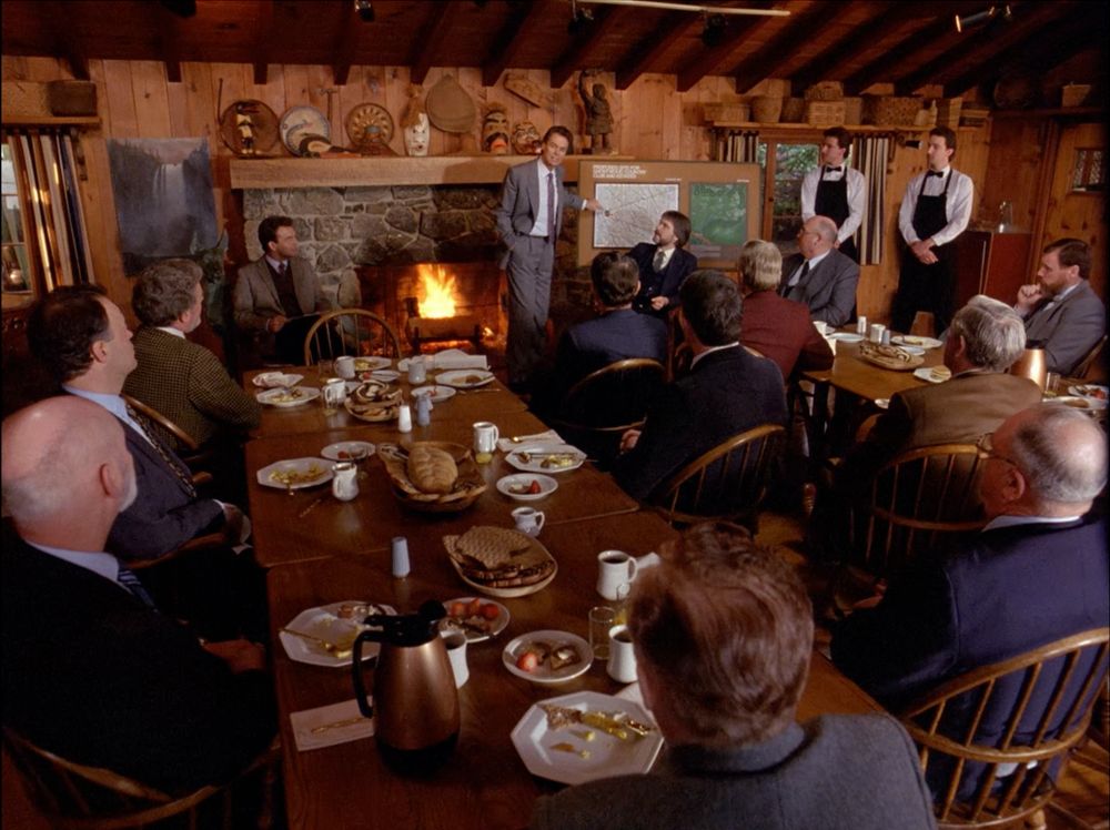Benjamin Horne and Leland Palmer presenting to prospective buyers from Norway. Twin Peaks S01E01 - Northwest Passage.