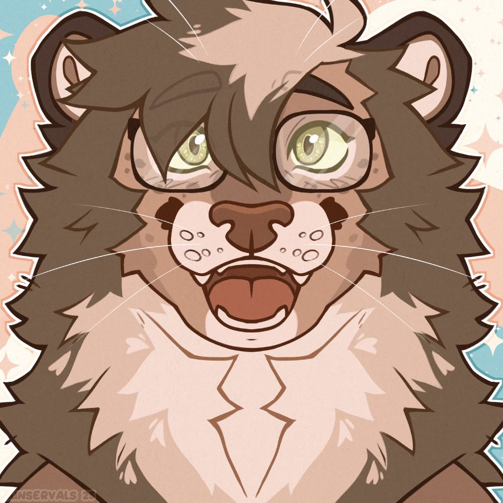 A symmetrical headshot piece featuring brown lion character (Morgan, he/they) with fluffy mane and rectangular glasses. He's smiling happily