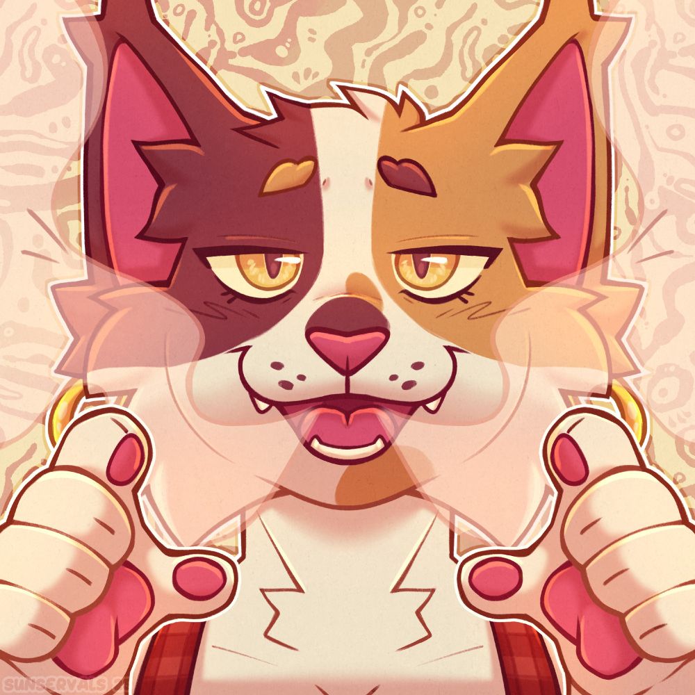 A symmetrical headshot piece featuring a calico cat (Briscola, any pronouns) with a laid back expression and their paws up. 