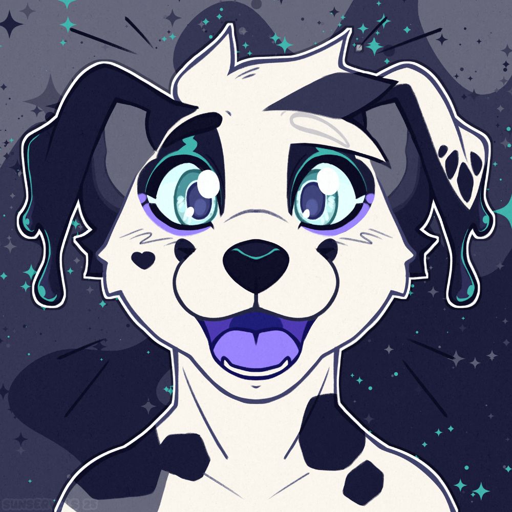 A symmetrical headshot piece featuring an ink themed dalmatian character (Inkey, she/they) with a happy smile