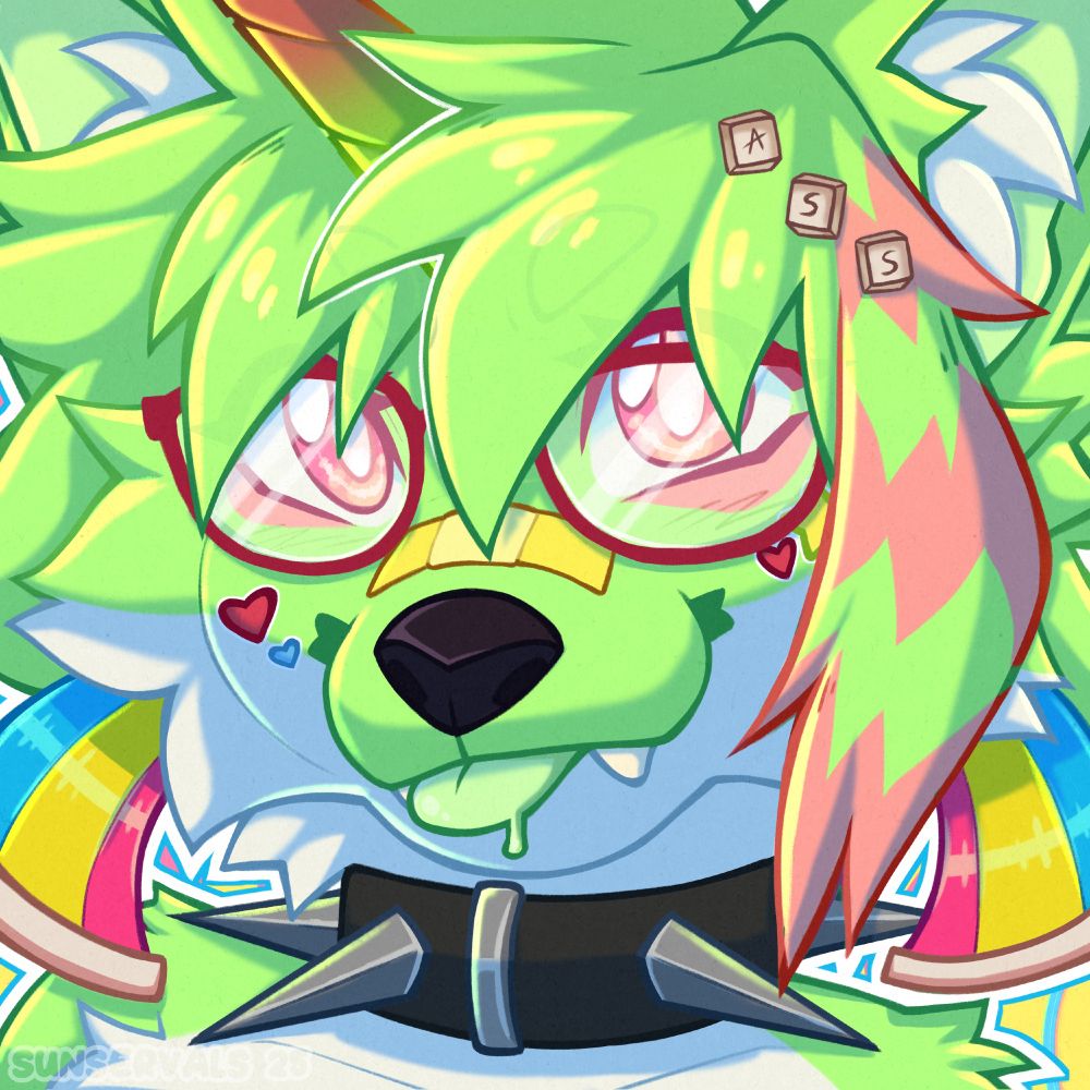 Icon style headshot of a bright green canine with scene style haircut and a unicorn horn. They're wearing a large spiked collar and glasses.