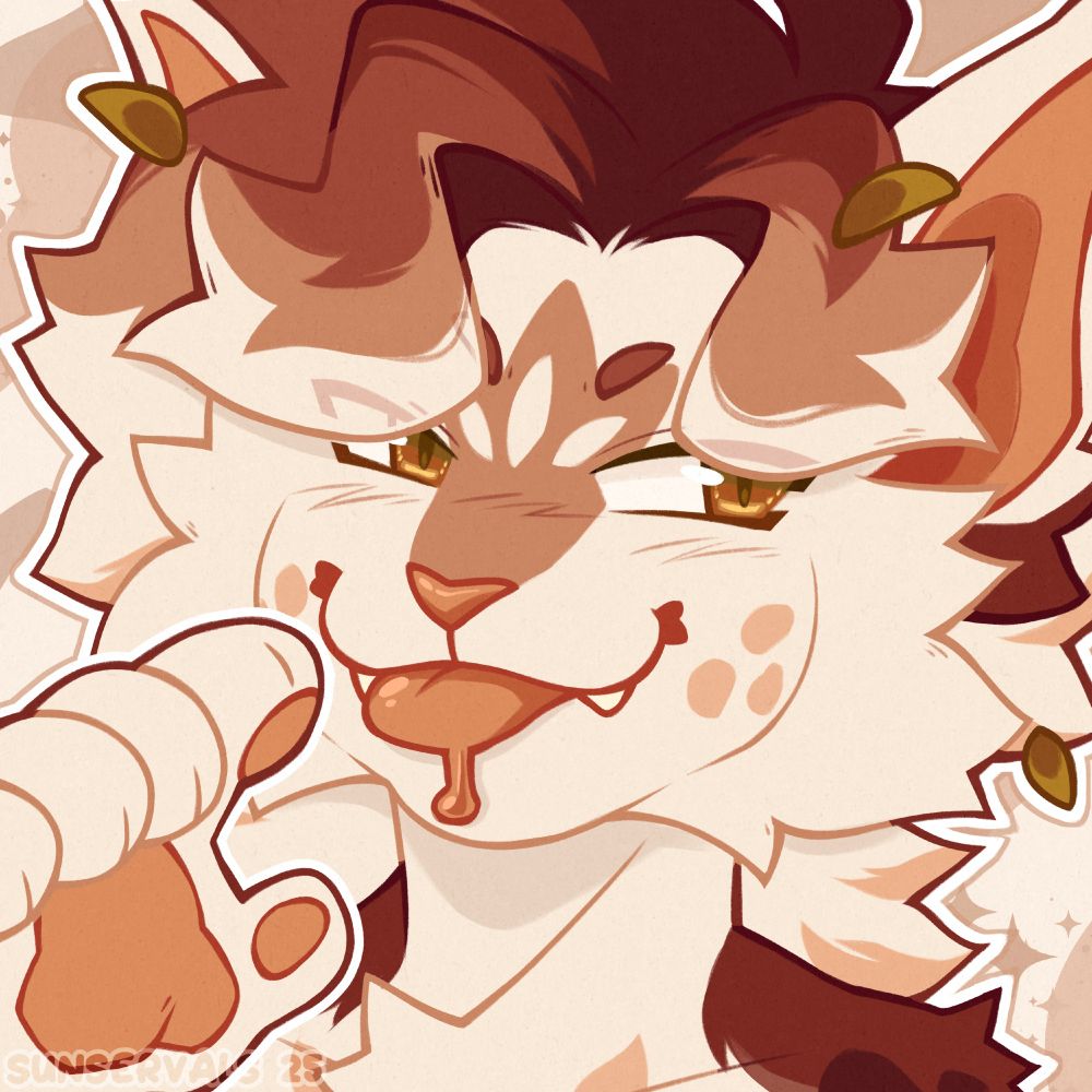 Icon style headshot of a cream and brown feline character. They're holding their paw up and looking to the side smiling with their tongue out