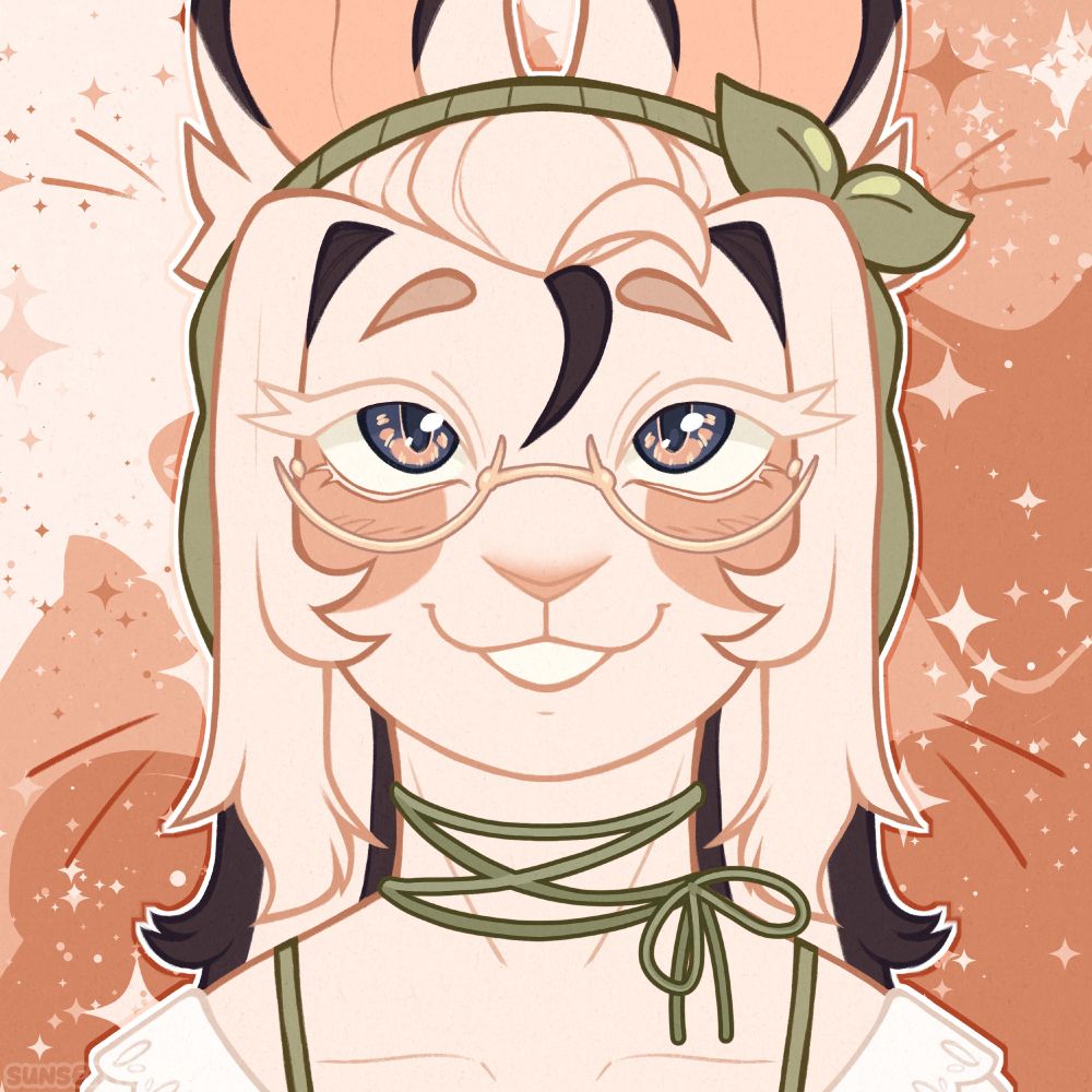 A symmetrical headshot piece cream bunny character (Keebs, she/they/it) with medium lenght hair. She's smiling gently with a soft look in their eyes