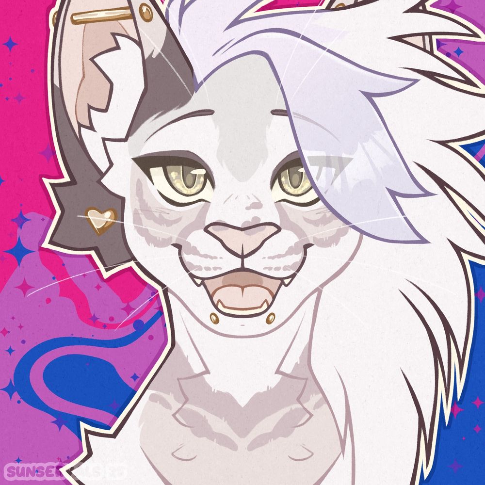 A symmetrical, front facing headshot of a pale serval character with mohawh-like hair. The backround is the bisexual flag colors.