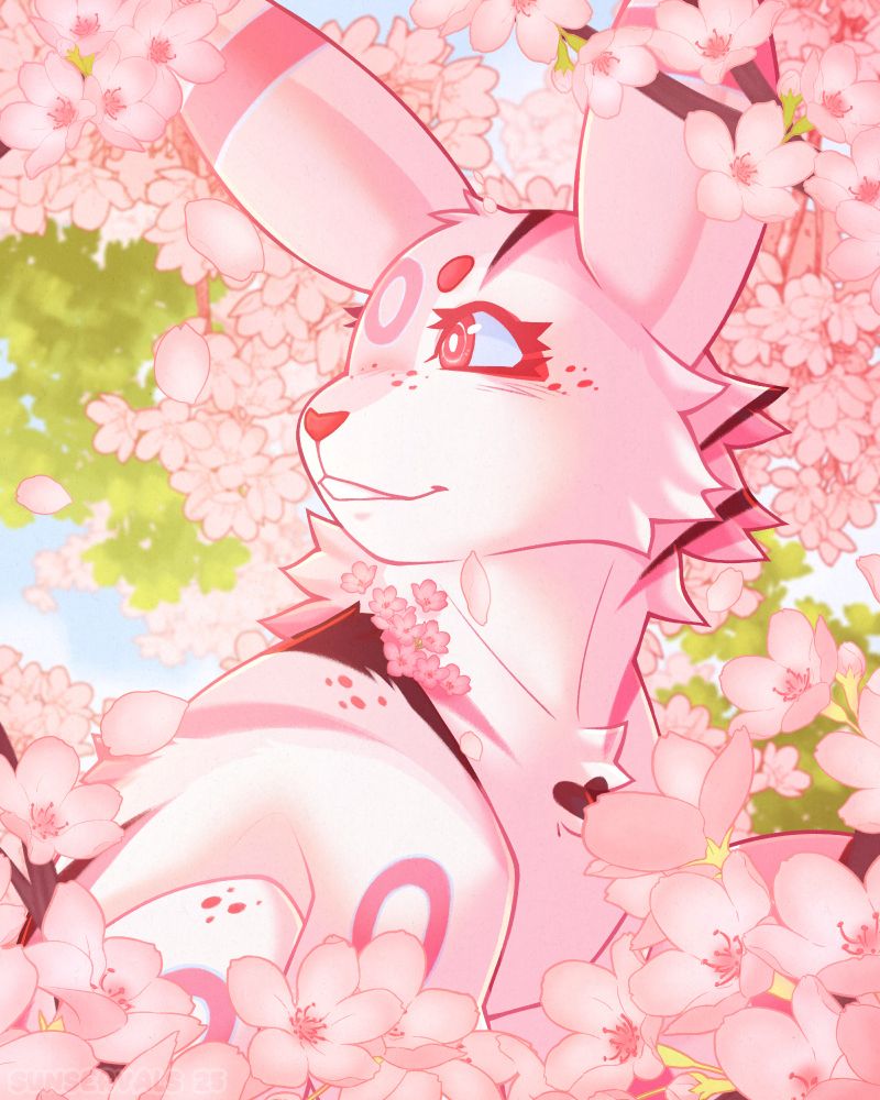 A portrait style illustration featuring a pink umbreon sitting among branches of a cherry blossom tree.