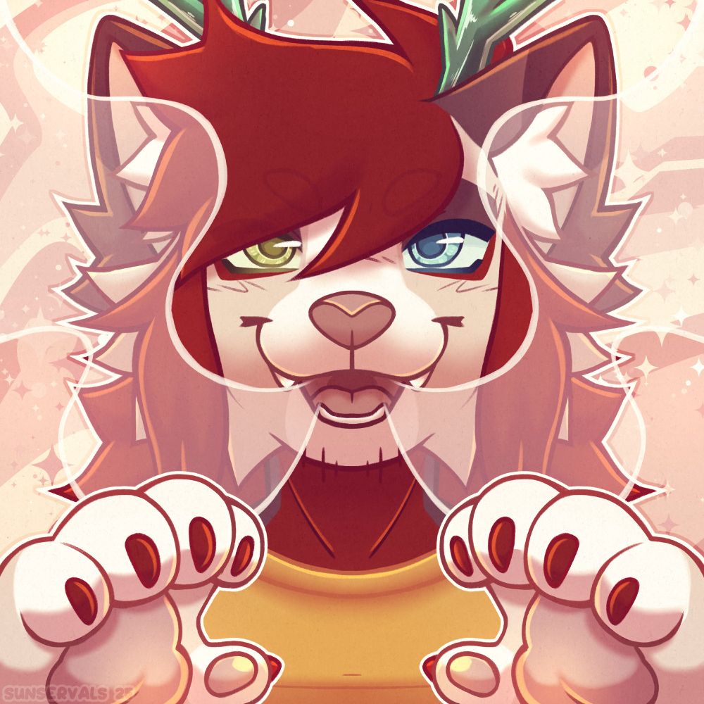 A symmetrical headshot piece featuring a cream, brown and red wolf character with green anthlers and red mullet (Ted, xe/he/they). Xe's smiling with xis paws raised up.