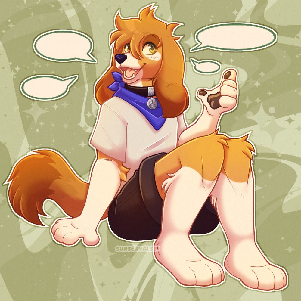 Fullbody illustration featuring copper brown and cream, cocker spaniel looking anthro character. She's sitting down, yapping with excitement. She's wearing black shorts, light grey shirt, blue bandana and black collar with a silver tag on her neck.