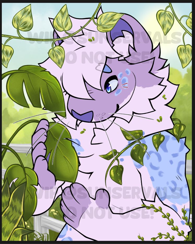 Work in progress shot of an portrait illustration featuring pale purple and blue snow leaopard character sorrounded by various house plants and holding small monstera leaf in their right hand.
In the background there is a white fence and bushes.