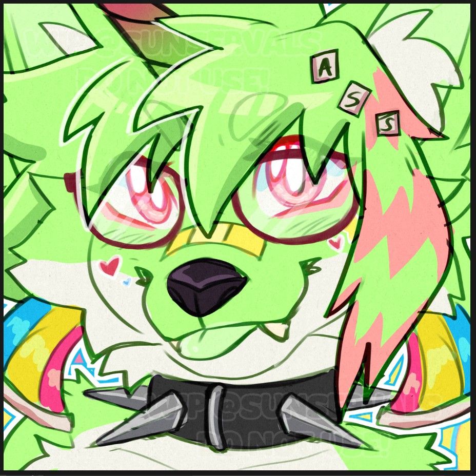 A colored, icon style headshot sketch of a vibrant green and white canine with a unicorn horn, spiked collar, red glasses and lots of stickers on their face.