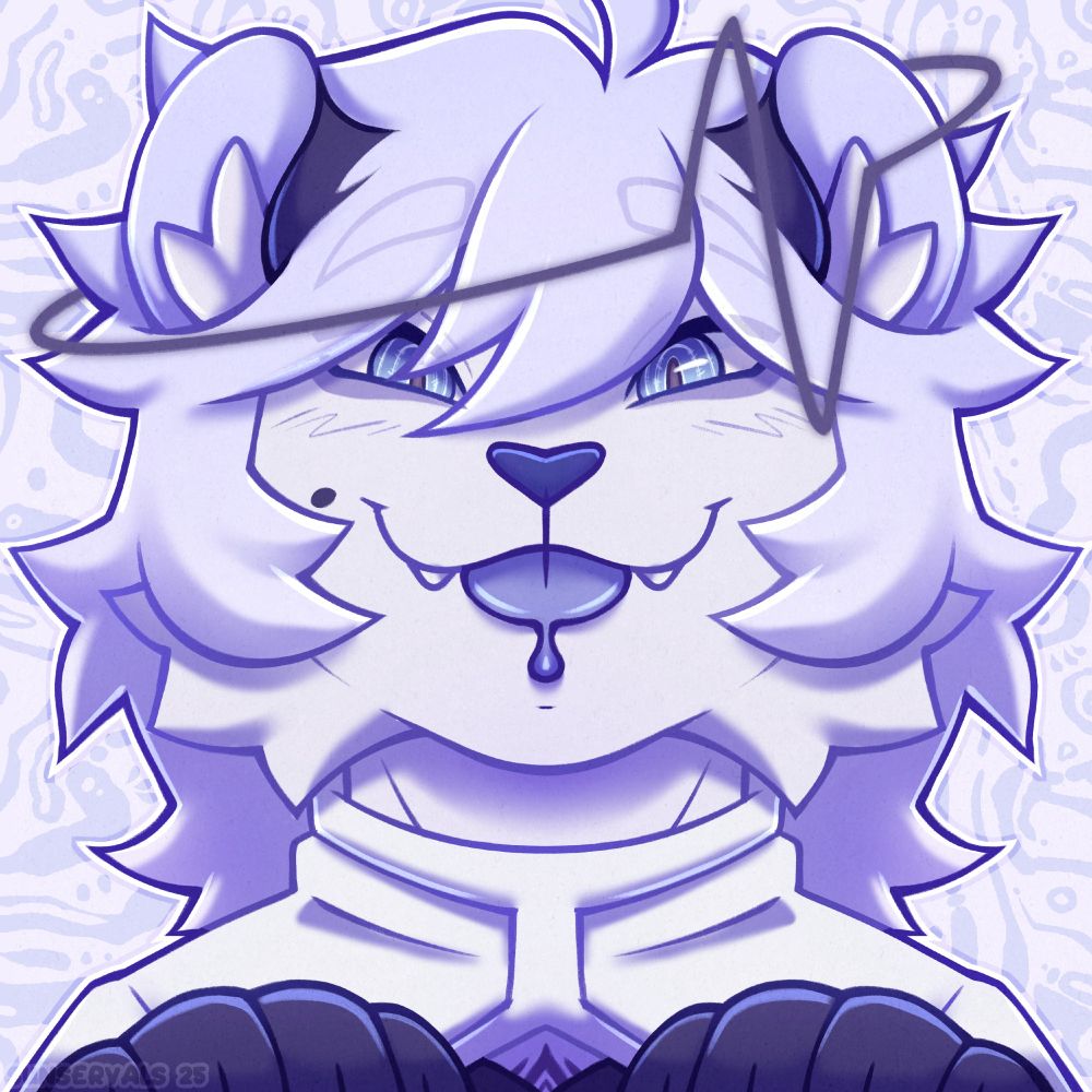 A symmetrical headshot piece featuring a pale blue and white cat character with fluffy hair (Aether, he/him). He's similing mischievously
