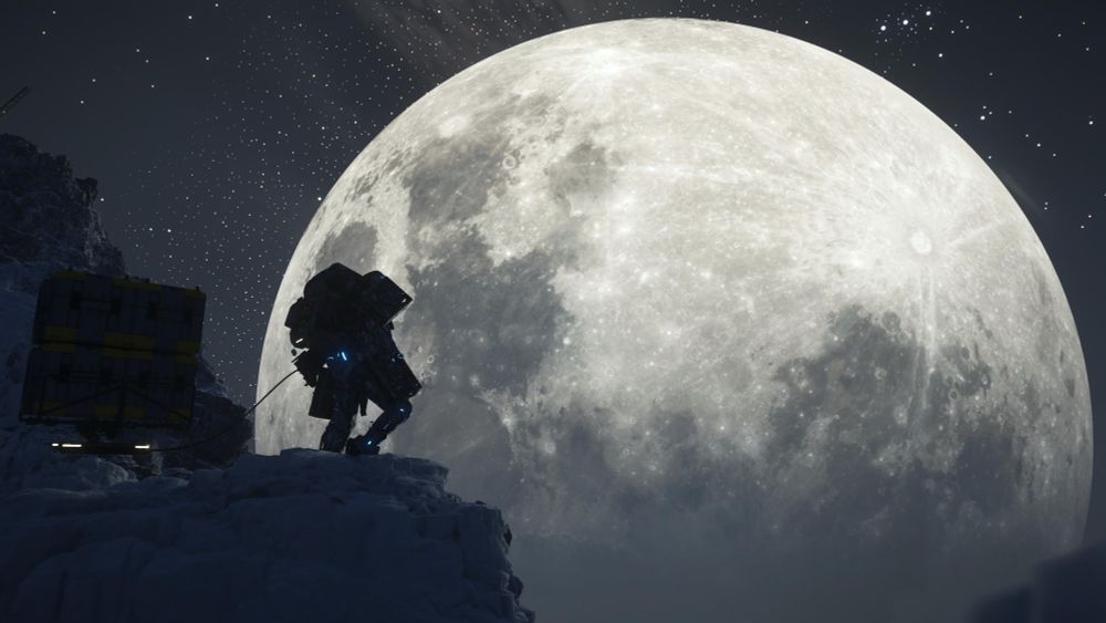 Sam against a comically large moon 