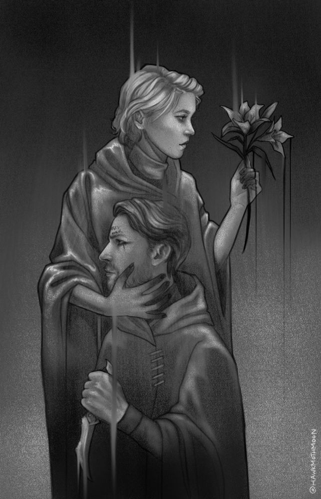 Black and white pencil/charcoal piece of Higgs kneeling while Fragile stands. Her hand is around his throat, her fingers blackened. Her other hand holds up blackened lilies. Higgs has a dagger in his hand. Both of them are younger, from before the first game. There is a smudging effect going up from Fragile and down from Higgs, and blending into each other.